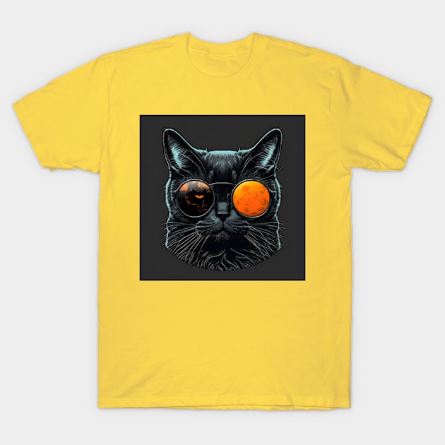 Funny Black Cat with Broken Sunglasses T-Shirt by UniqueMe